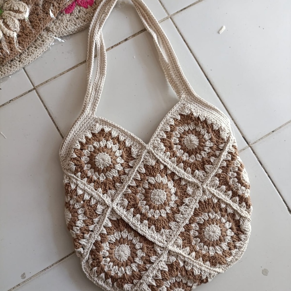 Beige and Brown Crochet Tote Bag